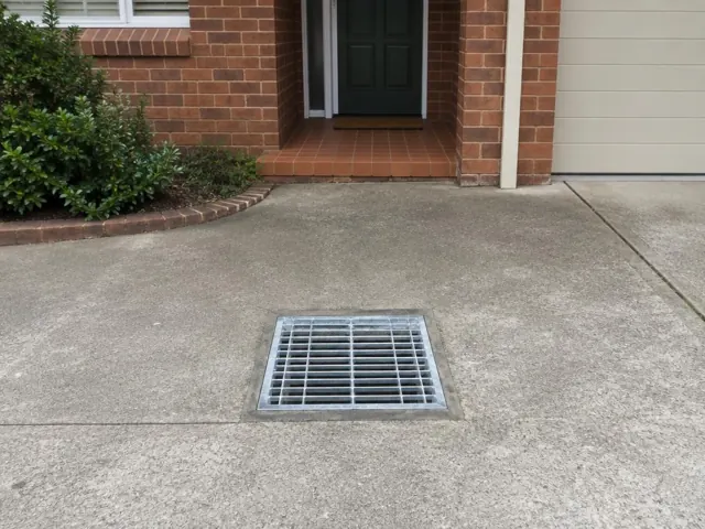 Outdoor driveway drain grate set in concrete paving beside a brick house in Croydon